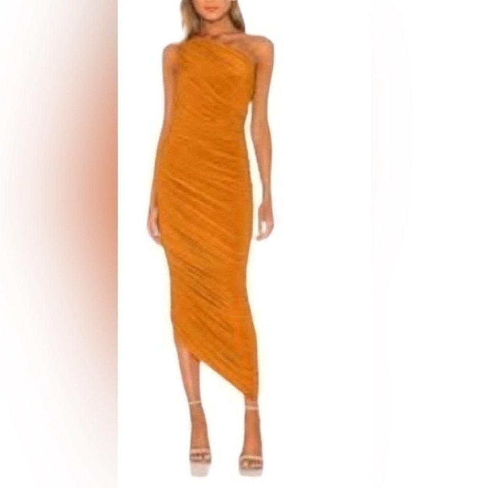 House of Harlow 1960 Velvet Ruched One Shoulder Midi Dress XS Orange/Yellow